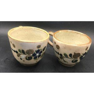 Set of 2 VTG Tonala Mexico Sandstone Pottery Cups Blue Floral Stylized Design